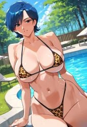 1girls 2d ai_generated big_breasts bikini blue_hair day leopard_print micro_bikini miki_(viper) outdoors pool poolside short_hair solo solo_female solo_focus tagme viper_(series) viper_ctr