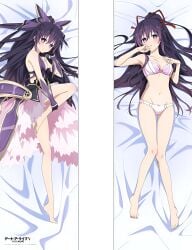 armor armpits bare_arms bare_belly bare_legs bare_shoulders bare_thighs barefoot bed_sheet belly_button blush body_blush bra breasts cleavage closed_mouth collarbone dakimakura dakimakura_design date_a_live embarrassed feet gloves hair_ribbon holding_thigh long_hair lying medium_breasts official_art open_mouth panties pink_bra pink_panties pink_underwear purple_eyes purple_hair smile thighs toes underwear underwear_only yatogami_tohka