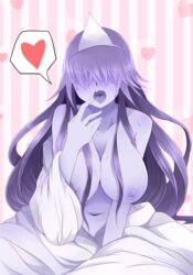 arano_oki breasts collarbone female hair_ornament hair_over_eyes heart highres japanese_clothes kimono kimono_pull large_breasts long_hair navel nipples okiku_(banchou_sarayashiki) open_clothes open_kimono open_mouth oral_invitation pale_skin purple_hair saliva sitting solo spoken_heart striped striped_background touhou very_long_hair yukata