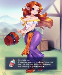 1girls blue_eyes blush boots bowser_brooch breasts child_bearing_hips cleavage cute dress elf_ears farmgirl holding_object long_hair malon milk_pail nipples_visible_through_clothing ocarina_of_time red_hair shoulders smile supersatanson the_legend_of_zelda triforce wide_hips