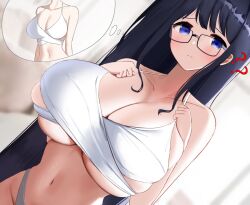 1girls bikini bikini_top black_hair blue_eyes breasts breasts_bigger_than_head cleavage glasses huge_breasts long_hair megane-chan_(nicorima) midriff nicorima oc question_mark small_clothes swimwear thought_bubble tight_clothing underboob