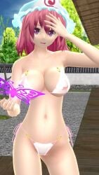 1girls 3d blue_aht butterfly character_name cleavage clothes_writing hati_yukkuri_mmd large_breasts looking_at_viewer mmd mob_cap navel outdoors pink_eyes pink_hair saigyouji_yuyuko short_hair solo touhou triangular_headpiece white_bikini yuyuko_saigyouji