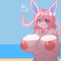 anthro anthro_only big_breasts bodily_fluids breasts breasts_bigger_than_head eeveelution female furry furry_only genitals hair hi_res huge_breasts lixiaochake looking_at_viewer nintendo nipples nude pokemon pokemon_(species) simple_background smile solo sylveon text