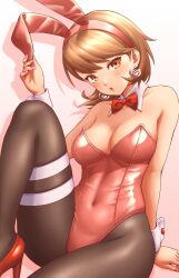 1girls alternate_costume atlus bowtie breasts brown_hair brown_hair_female bunny_ears bunnysuit clothed clothed_female clothing female female_focus female_only hi_res highres light-skinned_female light_skin looking_at_viewer masatoshi_1219 megami_tensei persona persona_3 sega short_hair short_hair_female solo solo_female solo_focus yukari_takeba