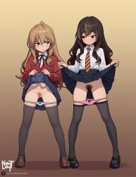 2girls aisaka_taiga angry blonde_hair brown_hair iona_(naytlayt) leggings mostly_clothed naytlayt panties_down pubic_hair school_uniform schoolgirl skirt skirt_lift to! toradora!