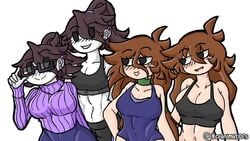 2020 4girls ahoykoi anor3xia bike_shorts blush blushing booty_shorts brown_hair cleavage collar crossover dark_brown_hair dark_eyes ear_piercing eyebrows_visible_through_hair eyes_visible_through_hair female female_only glasses green_collar hairband height_difference jaiden jaiden_animations jaidenanimations koianimations long_hair looking_at_each_other mob_face multiple_girls one-piece_swimsuit open_mouth ponytail shgurr short_hair signature skin_tight slobbyslapper sports_bra sssir sssir8 sweater tank_top watermark white_background white_skin youtube