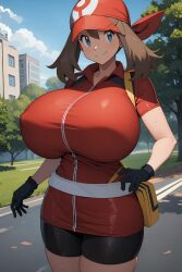 1girls ai_generated artist_request big_breasts black_shorts blue_eyes breasts brown_hair collarbone female huge_breasts large_breasts may_(pokemon) pokegirl pokemon short_hair smile solo