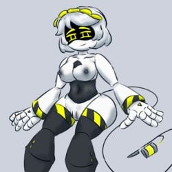 1girls 2d breasts female female_only humanoid murder_drones naked naked_female nipples pussy robot robot_girl robot_humanoid screen_face solo thatghost thighs v_(murder_drones) white_hair yellow_eyes