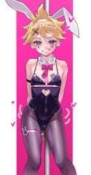 1boy arms_behind_back arms_tied bare_shoulders blonde_hair blue_eyes bulge c_take0141 crossdressing cuffs face_tattoo fake_animal_ears femboy girly hair_ornament headphones kagamine_len looking_at_viewer otoko_no_ko pantyhose pink_bowtie playing_card rabbit_ears rabbit_hole_(vocaloid) ribbon simple_background smiling_at_viewer stripper stripper_pole thighs trap vocaloid