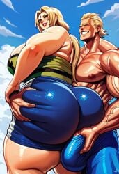 ai_generated all_might all_might_(cosplay) ass_focus beach_background crossover grabbing_from_behind huge_ass huge_bulge huge_butt hyper_ass male/female my_hero_academia