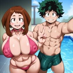 ai_generated avlai big_breasts big_bulge big_nipples big_penis brown_eyes brown_hair bulge collar collarbone erect_nipples_under_bikini erect_penis erection green_eyes green_hair green_shorts huge_breasts huge_bulge izuku_midoriya kunaboto_(style) muscular muscular_male my_hero_academia nipple_bulge no_sex ochako_uraraka peace_sign penis penis_bulge pink_bikini pool selfie smile smiling v v_sign venus_body