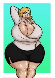 2024 bbw black_skirt blonde_female blonde_hair brown_eyes child_bearing_hips cleavage clothed clothed_female commission fat fat_woman highres huge_breasts office_clothing office_lady pawg pinup thick_thighs trisha_(cowharu1) venus_body voluptuous_female vsoulworks wide_hips