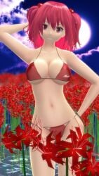 1girls 3d arm_behind_head character_name cleavage clothes_writing hair_bobbles hati_yukkuri_mmd komachi_onozuka large_breasts looking_at_viewer mmd navel onozuka_komachi red_bikini red_eyes red_hair solo touhou two_side_up