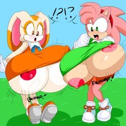 !? 2girls amy_rose anthro anthro_only areola areolae big_areola big_nipples blush blushing bouncing_breasts breast_expansion breasts breasts_out busty classic_amy_rose cleavage clenched_fist couple cream_the_rabbit denizen1414 duo expansion eyelashes female female_only footwear gigantic_breasts gloves green_eyes hairband hedgehog huge_breasts hyper_breasts lagomorph large_ears looking_down motion_lines nipple nipple_slip nipples onomatopoeia orange_eyes pink_fur ribbon sega shocked shoelaces shoes skirt sneakers sonic_(series) sonic_cd sonic_the_hedgehog_(series) spines surprised swinging voluptuous young