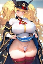 1girls address ai_generated at black blonde_hair blue blush breasts bridal by cap closed clothes coat depressu eyes gauntlets granblue_fantasy green hair hat headwear highleg huge large lift lifted light-skinned_female light_skin long looking micro_bikini monika_weisswind mouth naughty_face panties partially_visible_vulva patreon peaked pleated red self shirt skirt sleeves smile solo thick thick_thighs thighhighs thighs twintails underwear username viewer web white