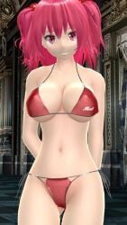 1girls 3d arms_behind_back character_name cleavage clothes_writing hair_bobbles hati_yukkuri_mmd komachi_onozuka large_breasts looking_at_viewer mmd navel onozuka_komachi red_bikini red_eyes red_hair solo touhou two_side_up