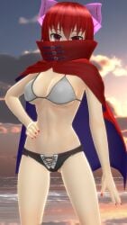 1girls 3d cleavage cloak cross-laced_clothes hairbow hand_on_own_hip hati_yukkuri_mmd looking_at_viewer medium_breasts mmd outdoors red_eyes red_hair red_nails sea sekibanki short_hair solo touhou white_bikini