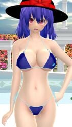 1girls 3d bikini black_hat character_name cleavage clothes_writing hati_yukkuri_mmd iku_nagae large_breasts looking_at_viewer mmd nagae_iku navel outdoors purple_hair red_eyes short_hair solo touhou