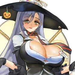 @_@ areola_slip black_gloves character_name circe_(last_origin) cleavage color detached_sleeves eyebrows_visible_through_hair female female_focus female_only game_cg gloves green_eyes grey_hair hair_between_eyes halloween_decoration halloween_pumpkin hat huge_breasts last_origin long_hair looking_at_viewer name_tag necktie nipple_bulge open_mouth overflowing_breasts potion_bottle rorobomb shadow_on_face shirt smile smiling smiling_at_viewer spiral_eyes spiral_pupils tie tight_clothing tight_shirt transparent_background uniform unusual_pupils upper_body witch witch_hat