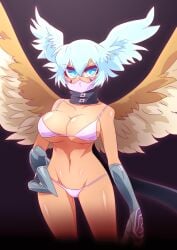 1girls 2019 3_toes absurd_res aqua_hair armored_gloves big_breasts bikini blue_eyes blush clawed_fingers digimon digimon_(species) digimon_frontier feathered_wings female female_only head_wings looking_at_viewer mouth_mask otokam1117 pink_bikini shutumon solo wings zephyrmon