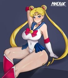 1girls anekoe98 bishoujo_senshi_sailor_moon blonde_hair blue_eyes blush choker circlet clothing covered_navel double_bun earrings elbow_gloves hair_bun large_breasts leotard long_hair looking_at_viewer magical_girl red_bow sailor_moon sailor_uniform sitting smile thick_thighs twintails usagi_tsukino