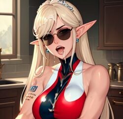 1girls ai_generated blonde_hair cum cum_in_mouth cum_on_breasts earrings elf elf_ears elf_female elf_girl female kitchen not_furry not_furry_focus open_mouth sunglasses tagme tinted_eyewear