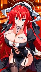 ai_generated blue_eyes boosterred99 close-up garter_straps high_school_dxd large_breasts legs long_hair long_sleeves navel nun nun_habit nun_hat nun_outfit perfect_body pony_diffusion_xl red_hair rias_gremory seductive_smile stockings thick_thighs thighhighs voluptuous