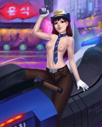 1girls 2017 alternate_costume anolea artist_name belt blizzard_entertainment breasts brown_hair casual casual_nudity cleavage d.va dated female female_only firearm gloves gun handwear hat headwear highres holding_gun holding_weapon human long_hair looking_at_viewer motor_vehicle navel necktie nipples overwatch pale_skin pants pistol police police_hat police_officer_d.va police_uniform policewoman public pussy signature solo tie tie_between_breasts topless uniform vehicle weapon white_gloves