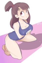 akko_kagari anger_vein arms_under_breasts artist_request ass brown_hair cleavage large_breasts little_witch_academia long_hair ponytail pout red_eyes sandals school_swimsuit simple_background squatting tagme