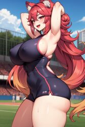 1girls ai_generated alufliniy baseball baseball_stadium big_breasts blush breasts day kemonomimi latam_virtual_youtuber long_hair lunaria_ayaren nipples nipples_visible_through_clothing public red_eyes red_hair solo_female tagme thighs virtual_youtuber vtuber