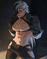 1boy __chamomilde abs arms_behind_back belt bite_mark bite_mark_on_pecs bite_mark_on_thigh black_belt black_collar black_jacket black_pants black_straps blush bondage boothill_(honkai:_star_rail) bound bulge chest_harness clothing_cutout collar commentary cowboy_shot cropped_jacket cum cum_in_mouth cum_on_body ear_piercing earrings english_commentary erection erection_under_clothes gay grey_eyes groin hair_over_one_eye harness highres honkai:_star_rail honkai_(series) jacket jewelry kneeling long_hair looking_at_viewer male_focus male_only mole mole_under_eye multicolored_hair nipples one_eye_covered open_clothes open_jacket open_mouth pants pectoral_cleavage pectorals penis penis_peek piercing signature single_earring solo teeth thigh_belt thigh_cutout thigh_strap two-tone_hair upper_teeth_only white_hair white_wrist_cuffs wrist_cuffs yaoi