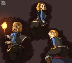 3girls ass ass ass_focus black_pants blonde_hair blue_eyes clothed fully_clothed princess_zelda the_legend_of_zelda torch