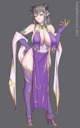 big_breasts big_thighs breasts elf elf_ears elf_female female frostypersimmons gray_hair grey_hair horn horns long_ears oc original original_character pointy_ears purple_clothing skimpy skimpy_clothes smile smiling solo solo_female thighs yellow_eyes