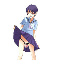 bar_censor blue_hair censored clenched_teeth cowboy_shot dildo dildo_harness female female_masturbation grin karintou18 looking_at_viewer masturbating masturbation object_insertion orange_eyes original school_uniform short_hair short_sleeves skirt skirt_lift smile solo teeth vaginal_object_insertion vaginal_penetration white_background