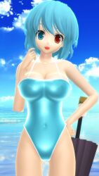 1girls 3d blue_eyes blue_hair blue_swimsuit cleavage hand_on_own_hip hati_yukkuri_mmd heterochromia kogasa_tatara large_breasts looking_at_viewer mmd one-piece_swimsuit outdoors red_eyes solo tatara_kogasa touhou umbrella