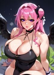 1girls ai_generated big_breasts black_dress black_ribbon black_wings cleavage dorothy_(nikke) empty_eyes goddess_of_victory:_nikke hairbun nihilous pink_hair purple_eyes