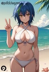 ai_generated ass_visible_through_thighs bangs bare_arms bare_shoulders beach bikini blue_hair blue_sky breasts cleavage closed_mouth cloud collarbone cowboy_shot criss-cross_halter day female front-tie_bikini_top front-tie_top green_hair hair_between_eyes halterneck hand_up high_school_dxd horizon large_breasts looking_at_viewer multicolored_hair navel ocean outdoors pikkiwynn short_hair side-tie_bikini_bottom sky smile solo starfish stomach streaked_hair swimsuit thighs two-tone_hair v white_bikini xenovia_quarta yellow_eyes