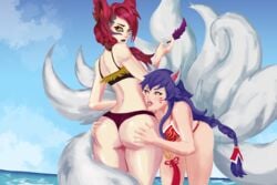 2girls ahri ass ass_grab bathing_suit bikini breasts cleavage female female_only league_of_legends panties swimsuit thats-lewdacris vastaya xayah yuri