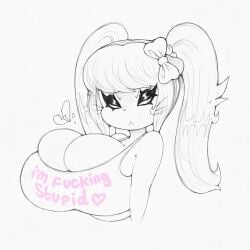 1girls annoyed breasts_bigger_than_head bursting_breasts english_text hairbow half-closed_eyes huge_breasts large_breasts makeup mascara monochrome smutbunny tank_top tiffy_cheesecake twintails young