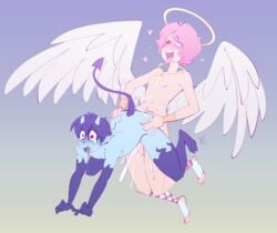 anal anal_sex angel blue_hair blue_skin cum demon halo heart lapinbeau male penetration pink_hair sex yaoi