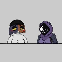 anthro areola beanie bear blush breasts calico_cat clothing domestic_cat duo epic_games exposed_breasts eye_scar facial_scar felid feline felis female female/female fortnite fur hat headgear headwear hood kat3784 mammal meow_skulls_(fortnite) nipples purple_body raven_team_leader scar shadow_face simple_background smile