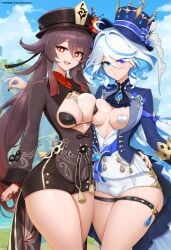 1futa 1girls ahoge ai_generated asymmetrical blossoms blush bra breast breasts bulge bulge_through_clothing clothed_futanari clothes covered erection_under_clothes female flower furina_(genshin_impact) futanari genshin_impact hat headwear heart heterochromia hoyoverse hu_tao_(genshin_impact) jacket jewelry multicolored nipples outdoors pasties plum porkpie pupils rac3rrr racerai shirt shorts sky sleeves small_cock small_dick small_penis smile strap symbol-shaped thighs twintails