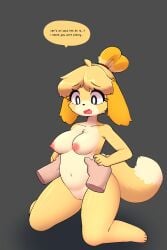 1boy 1girls animal_crossing anthro belly belly_button blush breasts canine cleavage female fur isabelle_(animal_crossing) jupiter_europe nintendo nipples nude pussy tail vagina