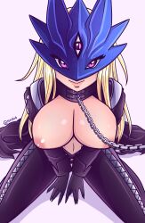 1girls 2024 areolae beelstarmon blonde_hair breasts breasts_out chain_leash collar digimon digimon_(species) female female_only kneeling leash long_hair looking_at_viewer mask nyxai purple_eyes smiling smiling_at_viewer solo third_eye very_high_resolution