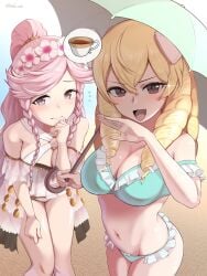 2girls alternate_costume bikini blade_ride blonde_hair blue_bikini brown_eyes cleavage fire_emblem fire_emblem_awakening fire_emblem_heroes green_bikini large_breasts looking_at_viewer maribelle_(fire_emblem) nintendo official_alternate_costume olivia_(fire_emblem) olivia_(summer)_(fire_emblem) parasol pink_eyes pink_hair swimsuit white_bikini