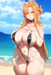 1girls ai_generated areola_slip areolae asuna_(sao) bangs bare_shoulders beach bikini black_bikini black_choker black_one-piece_swimsuit black_swimsuit blonde_hair blue_sky blush braid breasts brown_eyes brown_hair choker clavicle cleavage closed_mouth clothing cloud covered_erect_nipples cowboy_shot curvaceous curvaceous_female curvaceous_figure curvy curvy_figure day earrings erect_nipples erect_nipples_under_clothes exhibitionism exhibitionist female female female_focus female_only french_braid groin hair_ornament halterneck hand_on_own_chest hand_on_own_thigh highleg highleg_swimsuit huge_breasts inviting inviting_to_sex jewelry large_breasts lips long_hair looking_at_viewer miyuai mole navel nipples o-ring ocean one-piece_swimsuit orange_hair outdoors outside outside_sex parted_lips ponytail presenting presenting_ass presenting_breasts presenting_hindquarters presenting_self sand seductive seductive_look seductive_smile shiny shiny_skin sidelocks skindentation sky sling_swimsuit smile solo standing stomach sweat swimsuit sword_art_online thick_thighs thighs tied_hair very_long_hair voluptuous voluptuous_female wardrobe_malfunction water wet wide_hips yuuki_asuna