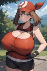 1girls ai_generated artist_request big_breasts black_shorts blue_eyes breasts brown_hair cleavage collarbone female huge_breasts large_breasts may_(pokemon) pokegirl pokemon short_hair smile solo