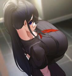 1girls black_hair blue_eyes blush breasts breasts_bigger_than_head clothed clothing from_behind glasses huge_breasts looking_back megane-chan_(nicorima) nicorima oc ponytail sailor_uniform skirt tight_clothing