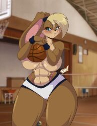 1girls 2023 abs anthro areolae basketball big_breasts big_nipples blonde_hair blue_eyes blush breasts buckteeth bunny_ears bunny_girl cameltoe female female_only fur furry gloves lola_bunny looking_at_viewer looney_tunes mastergodai muscular muscular_female rabbit shorts solo space_jam sportswear thick_thighs thong topless white_gloves wide_hips