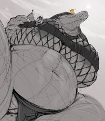 anthro belly big_belly big_breasts breasts clothed clothing crocodile crocodilian crocodylid deity doctordj duo extreme_size_difference female genitals hi_res huge_breasts human larger_anthro larger_female low-angle_view macro male mammal overweight overweight_anthro overweight_female partially_clothed pussy reptile scalie sharp_teeth size_difference skimpy smaller_human smaller_male teeth uraeus